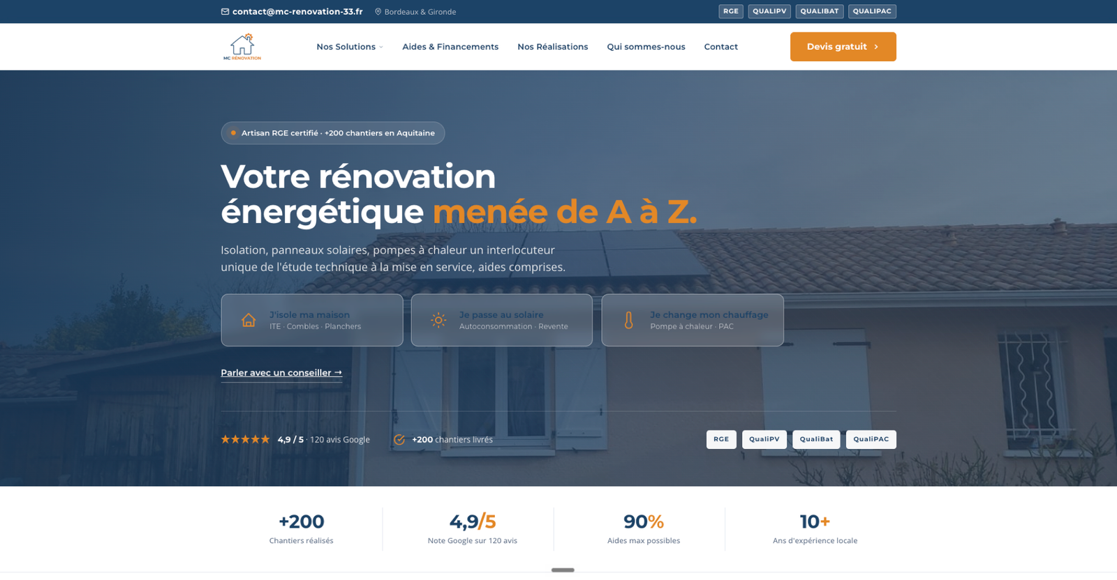 Page d’accueil d’un site de rénovation énergétique